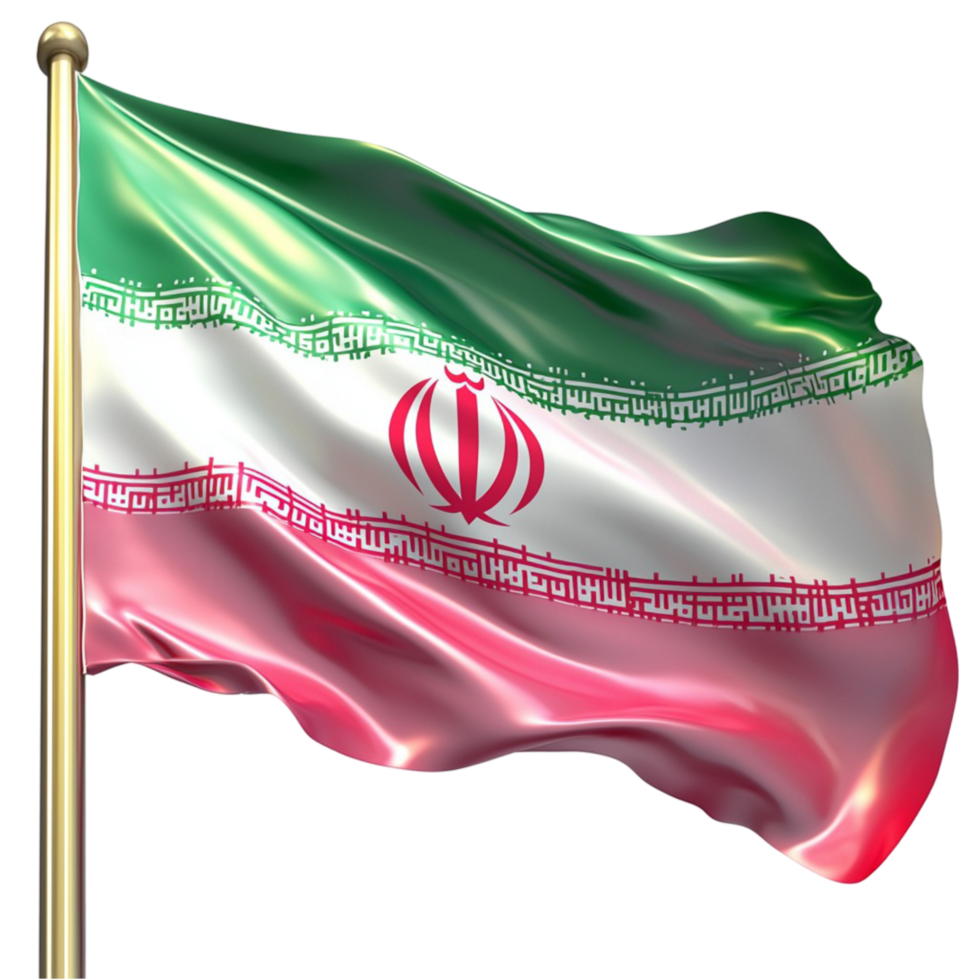 Vibrant Iranian flag waving proudly on a golden flagpole png