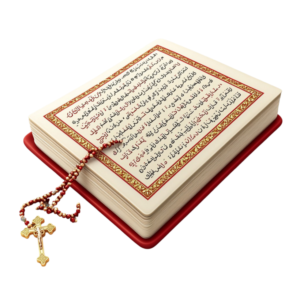 Holy book with a red cover and a golden cross necklace placed on top png