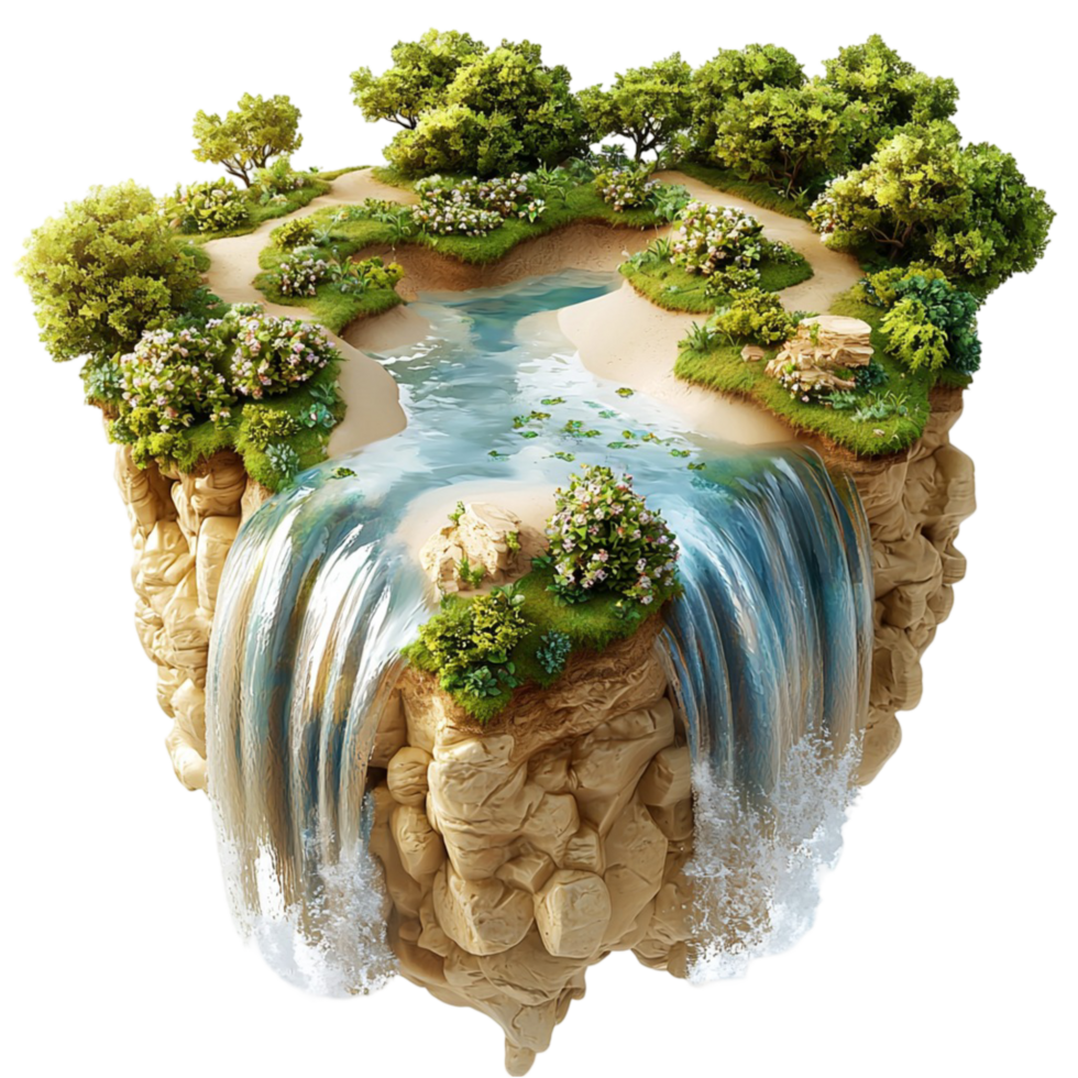 Floating island with a lush green landscape and a beautiful waterfall png