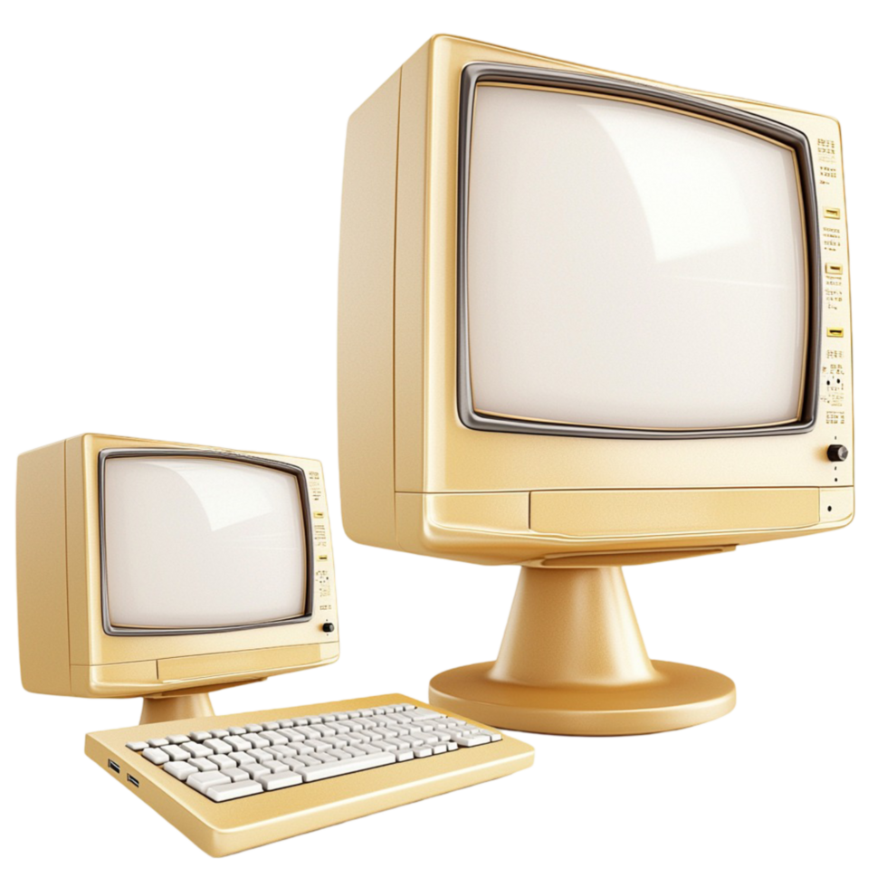 Vintage beige computer set with a large monitor and a keyboard png