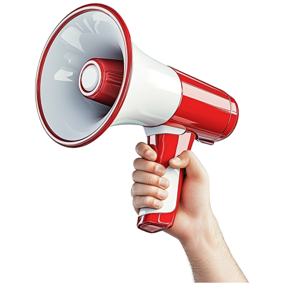 Hand holding a red and white megaphone with a loudspeaker design png