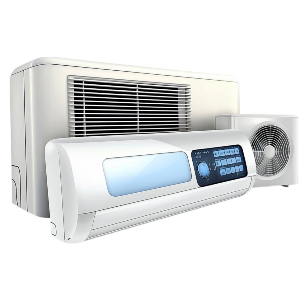Wall mounted air conditioning unit with a sleek white finish and digital display png