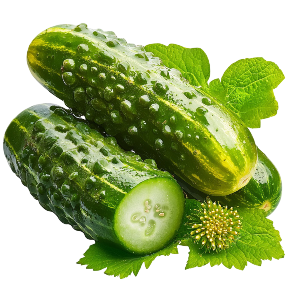 green cucumbers with a glossy surface and small water droplets png