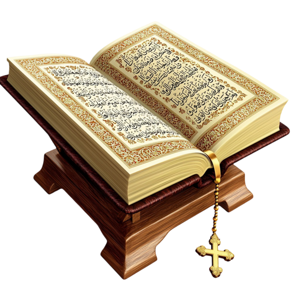 Open holy book on a wooden stand with intricate golden text and a bookmark png