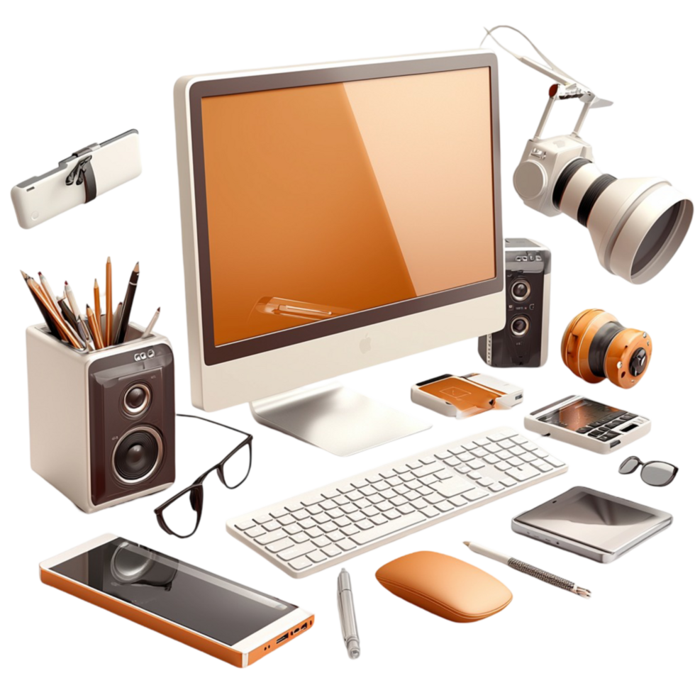workspace with a desktop computer and neatly arranged office accessories png