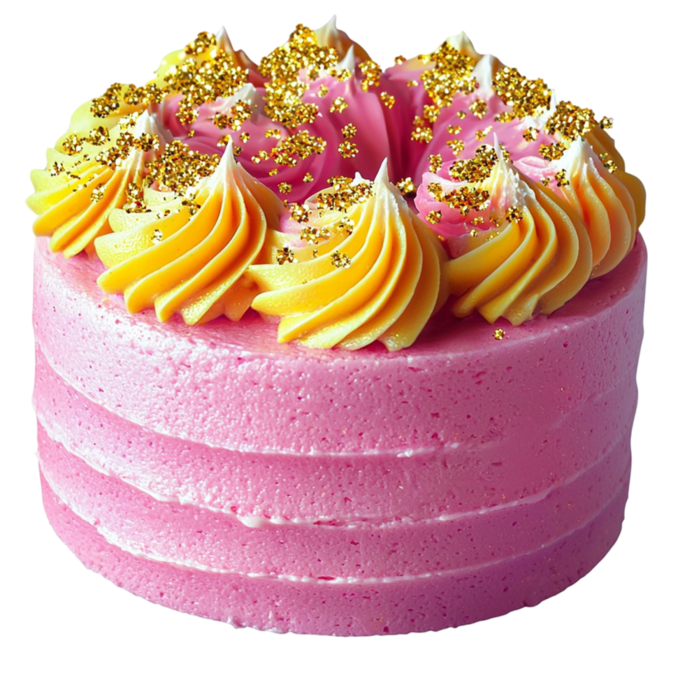 Pink cake topped with golden sprinkles and swirls of icing png