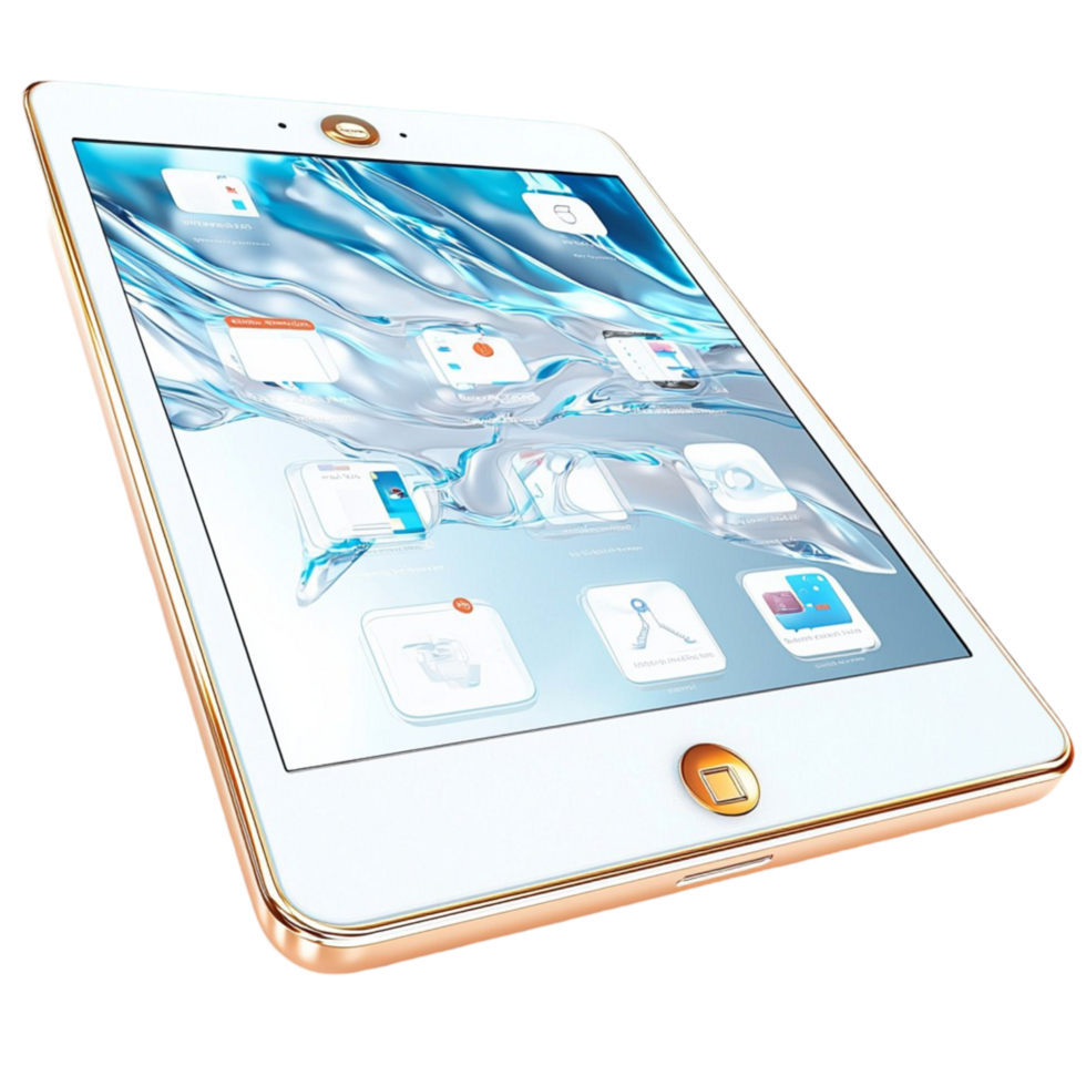 Gold framed tablet with a sleek design and a glossy touchscreen interface png