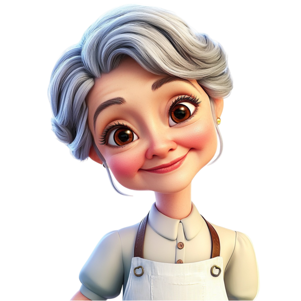 Elderly woman with short gray hair wearing an apron and smiling png