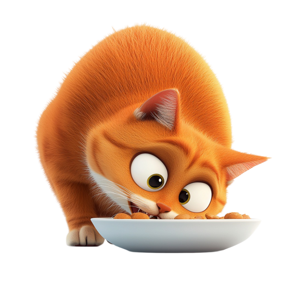 Cute orange cat curiously sniffing a bowl of food with wide eyes png