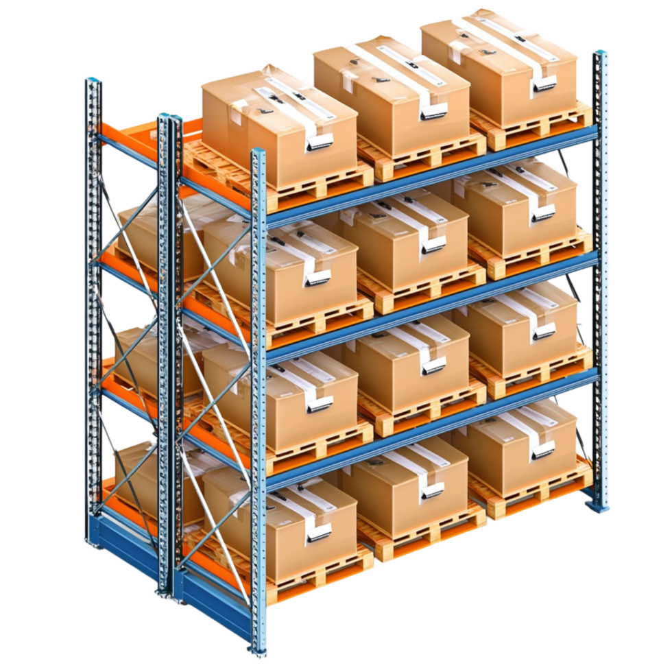 Industrial warehouse storage rack filled with neatly packed boxes png