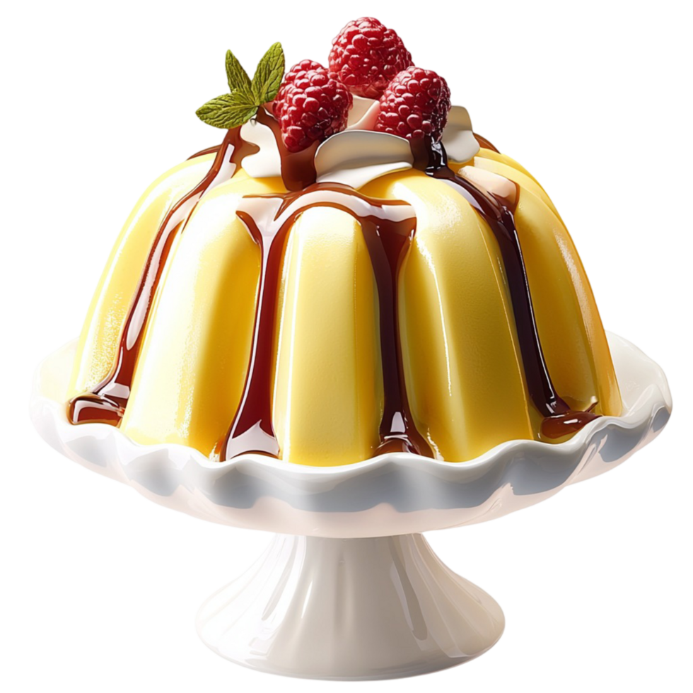 vanilla pudding topped with caramel sauce and raspberries png
