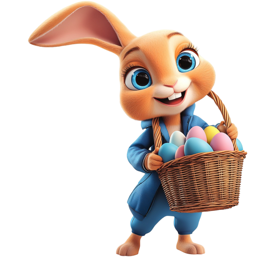 Adorable Easter bunny holding a basket filled with colorful decorated eggs png