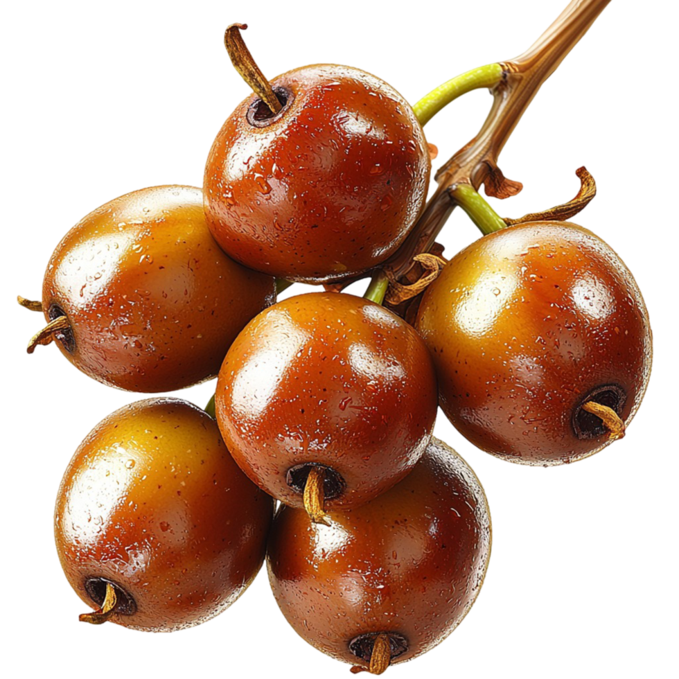 Shiny brown fruits growing in a tight cluster on a branch png