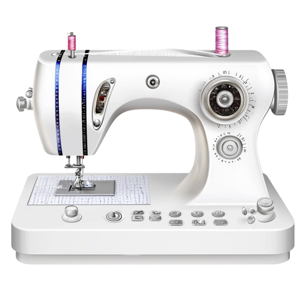 White sewing machine with multiple dials and a built in needle mechanism png