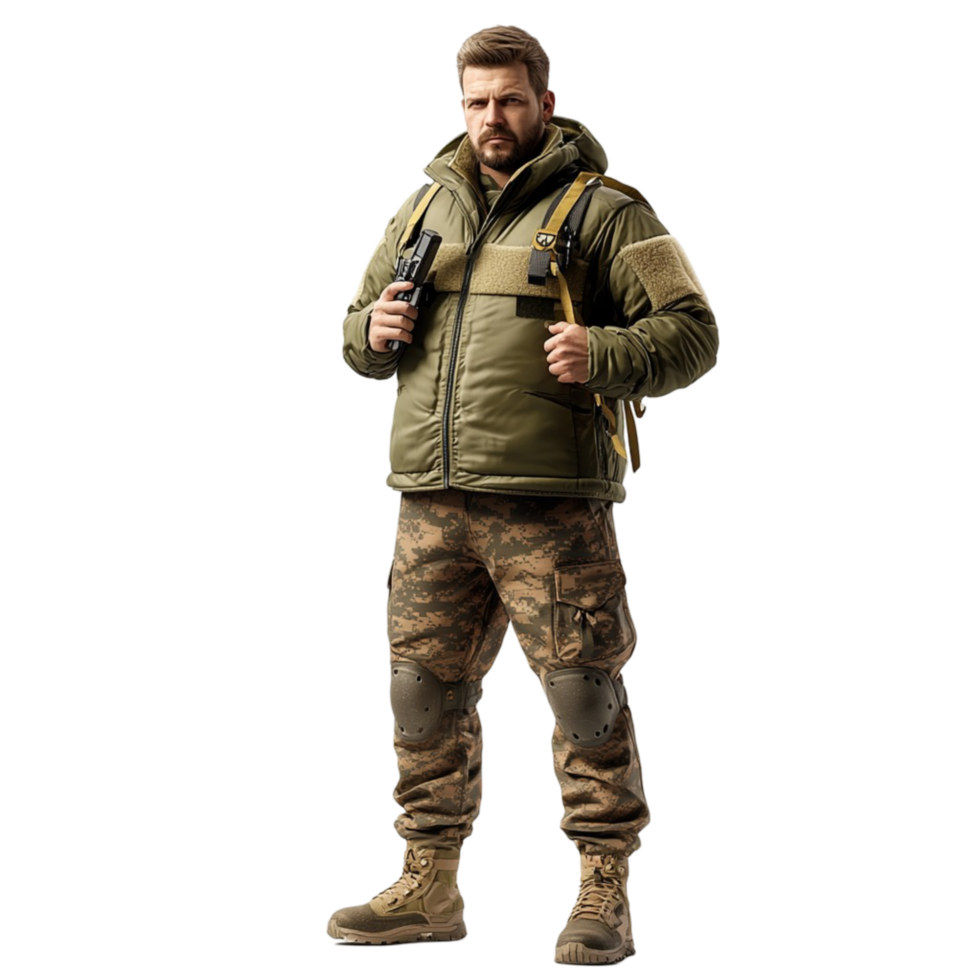 Confident man dressed in military attire carrying a backpack png