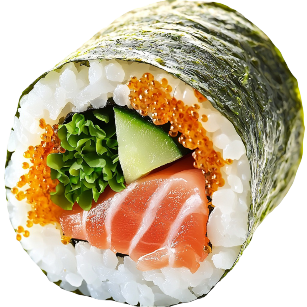 sushi roll wrapped in seaweed and filled with salmon and vegetables png