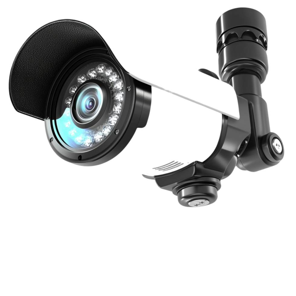 High tech security camera with a sleek black design and a glowing blue lens png