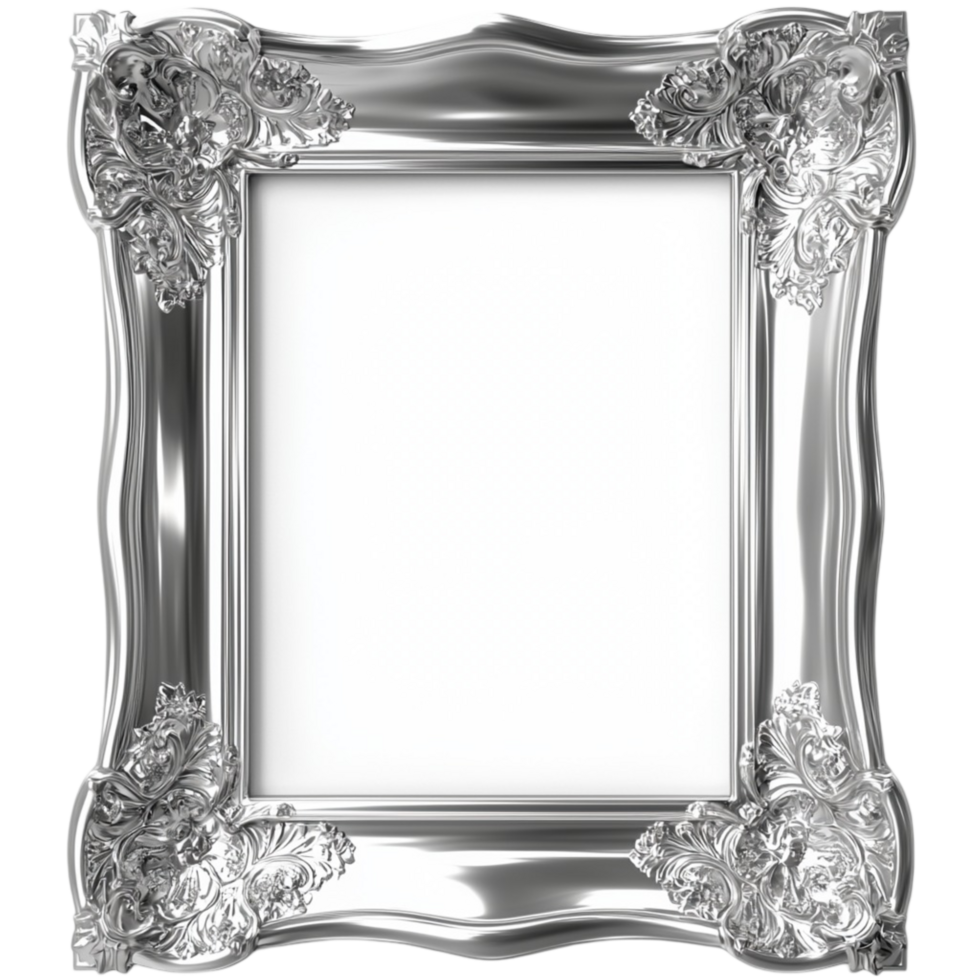 Ornate silver mirror frame with intricate floral detailing png