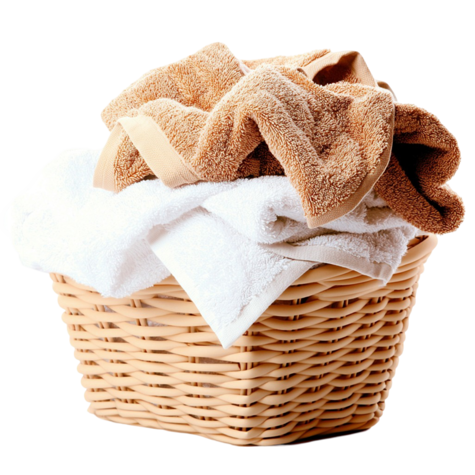 Wicker laundry basket filled with neatly folded clean towels and fabric png