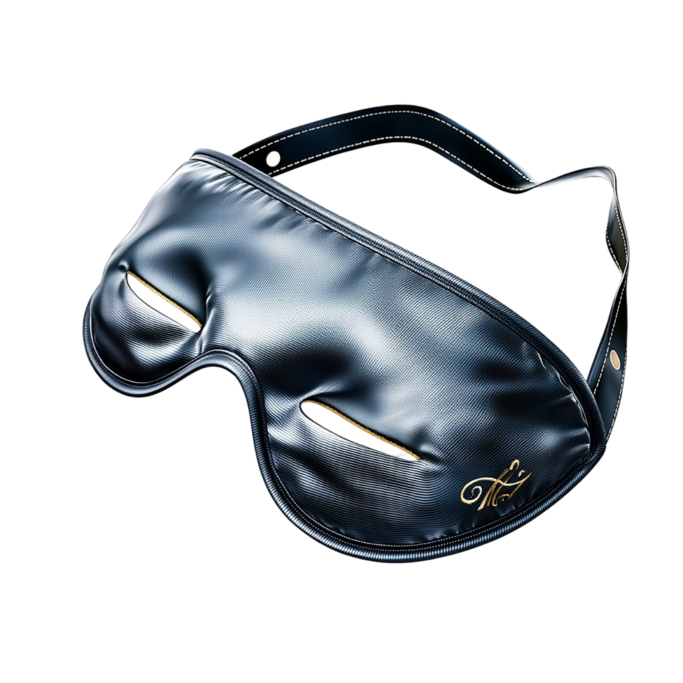 Black eye mask with a silky texture and an golden accent png
