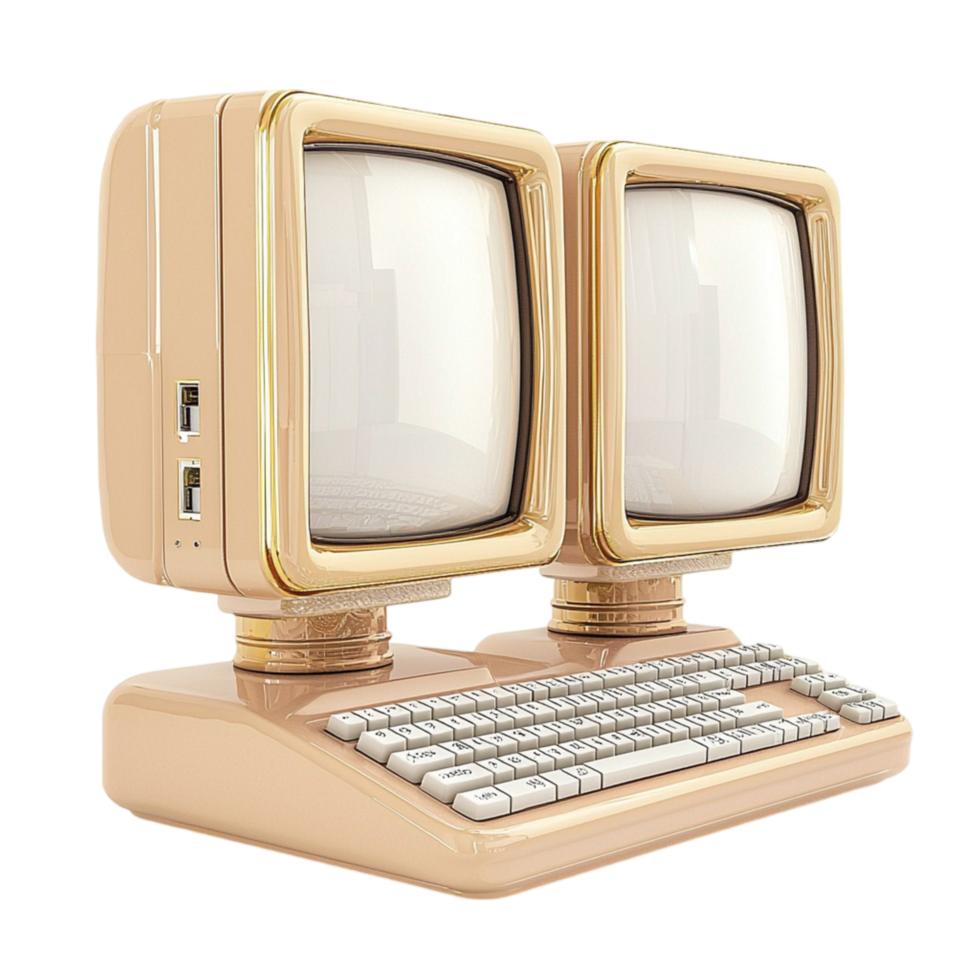 Retro beige computer with dual monitors and an old school keyboard setup png