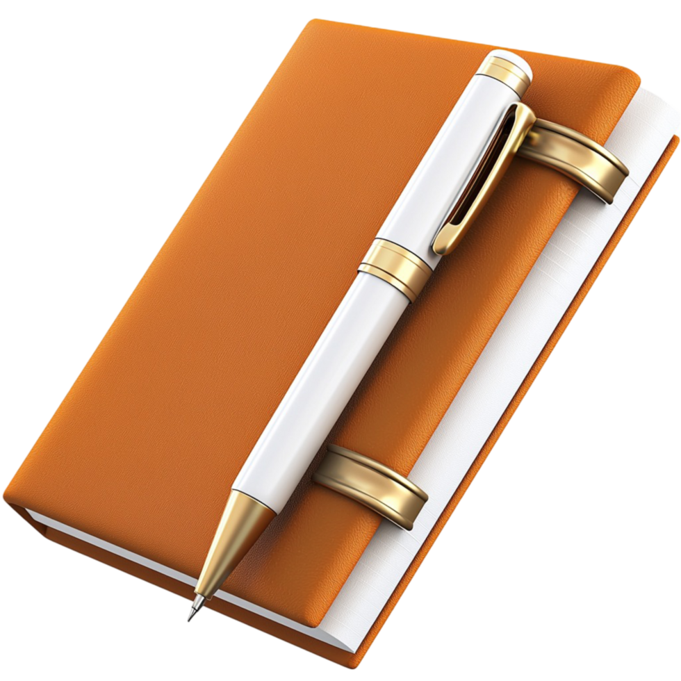 bound notebook with a gold tipped pen resting on its cover png
