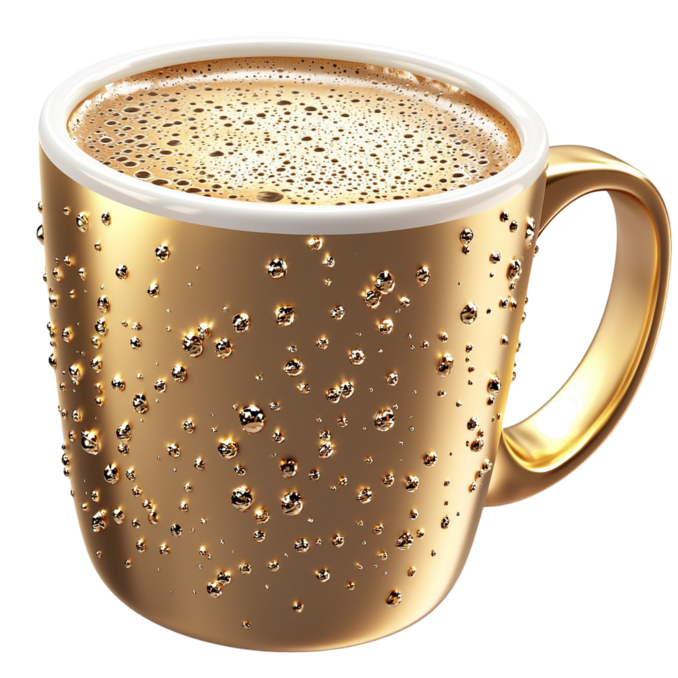 Luxurious golden mug filled with a frothy hot beverage and details png