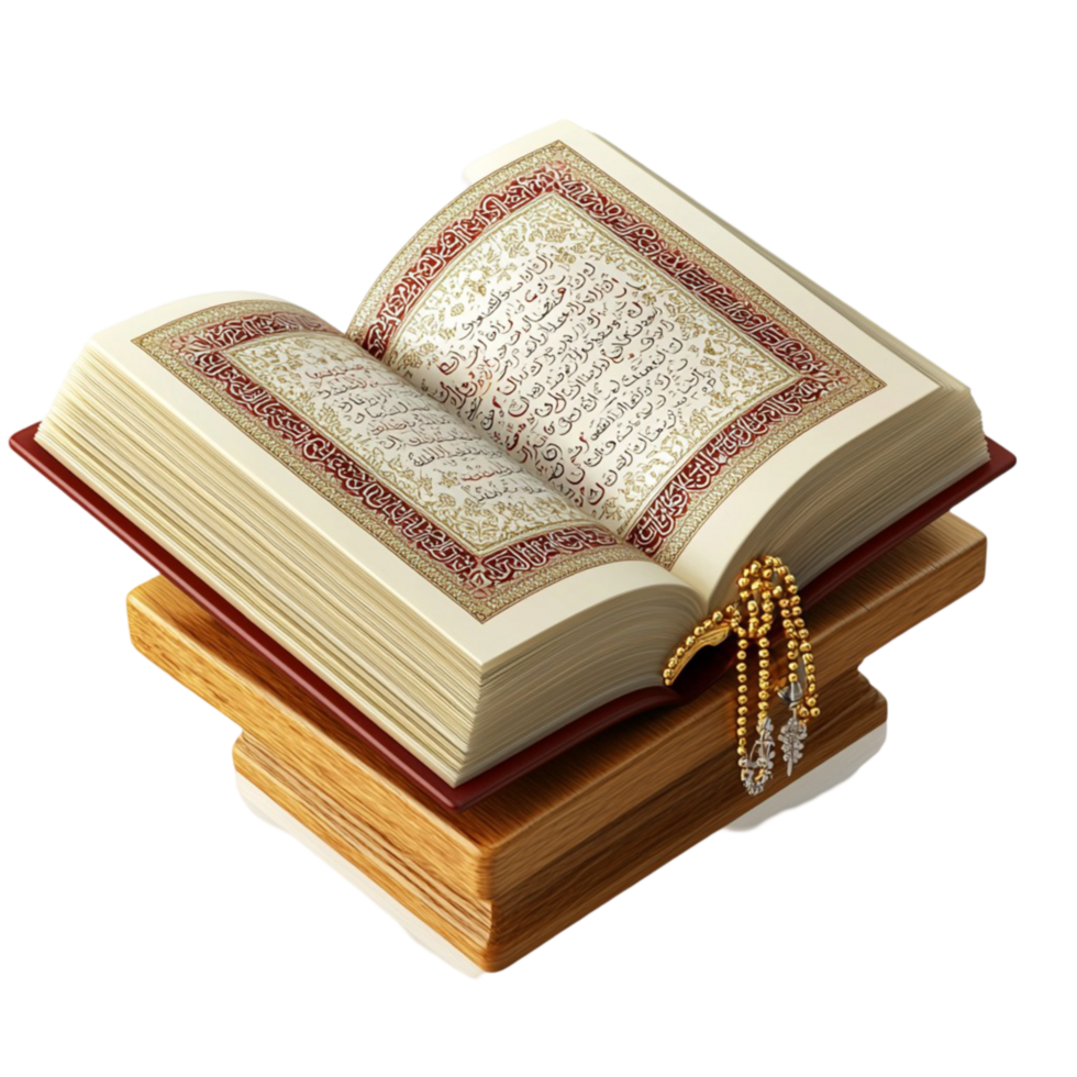 Open holy book placed on a wooden stand with golden details png