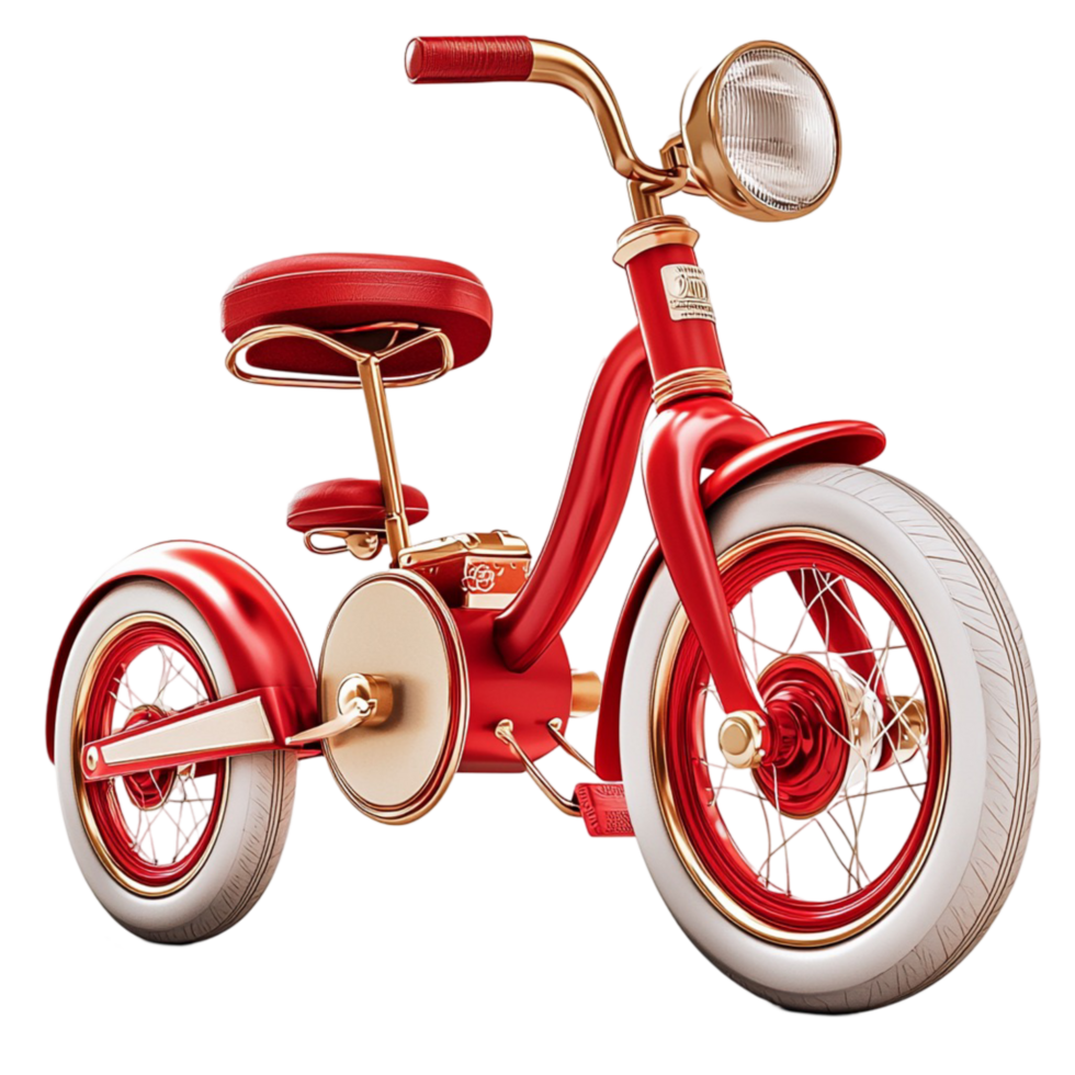 Shiny red tricycle with a retro design and metal frame png