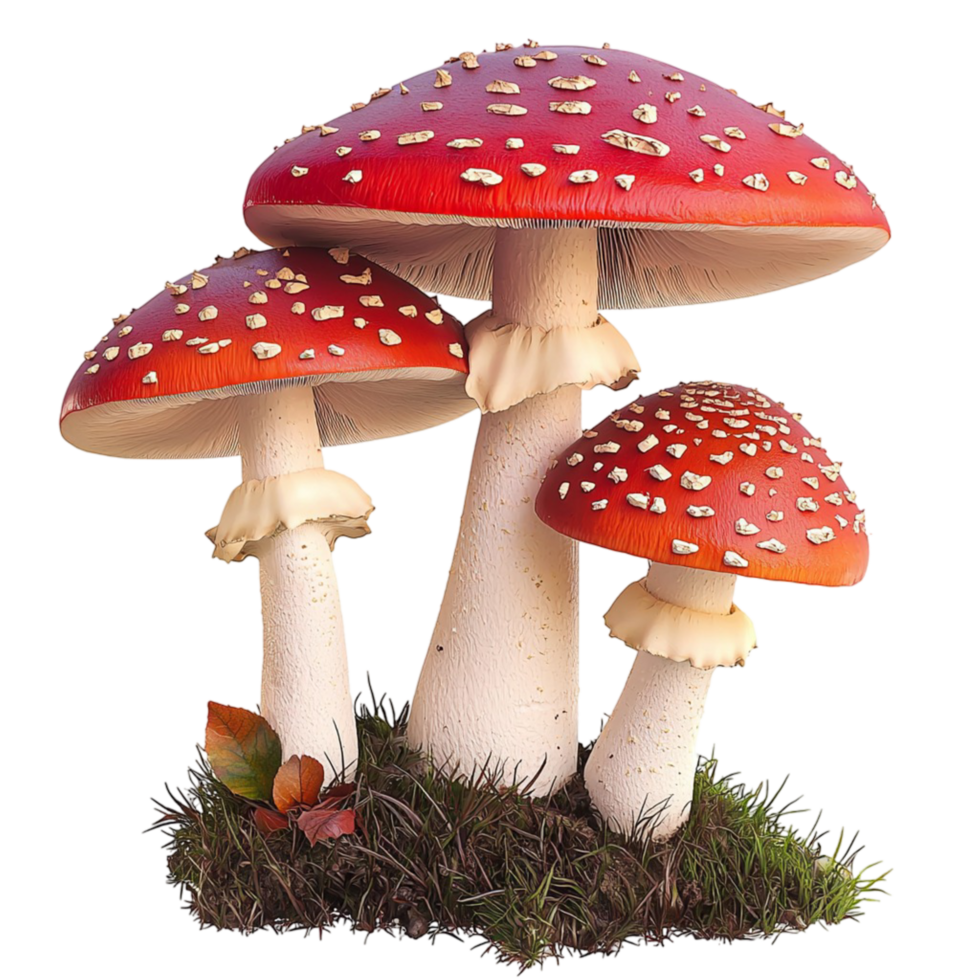 Cluster of red and white mushrooms growing on a patch of rk soil png