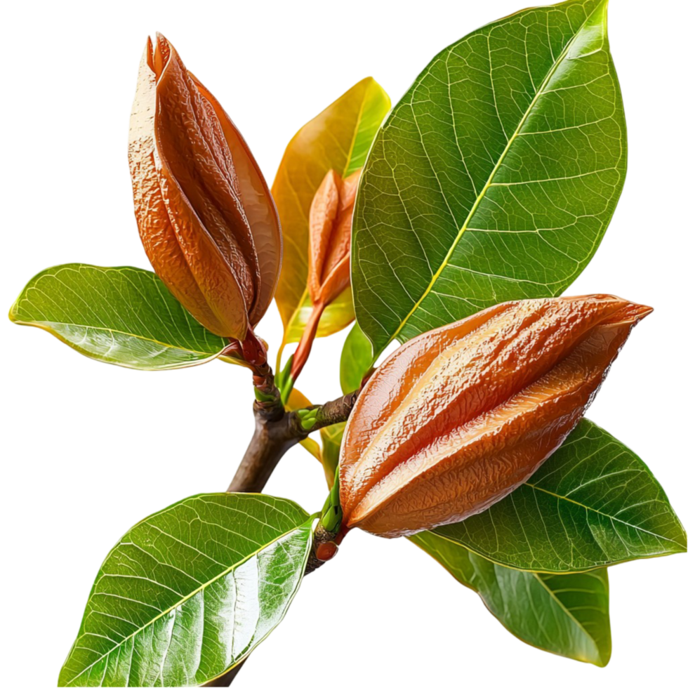 green leaves with budding brown cocoa pods on the branch png