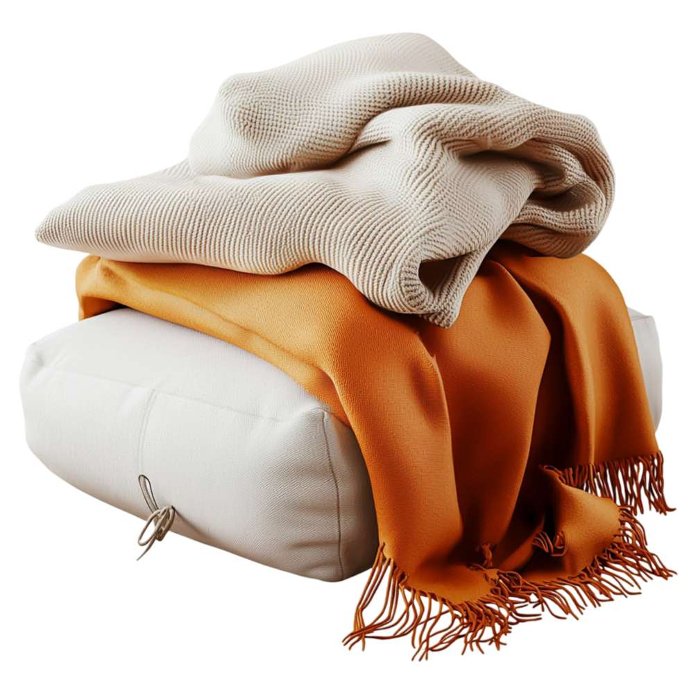 Cozy folded blankets and scarves with and warm textures png