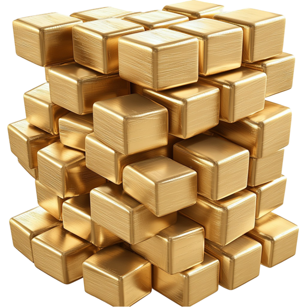 Intricate structure of stacked golden cubes forming a geometric pattern png