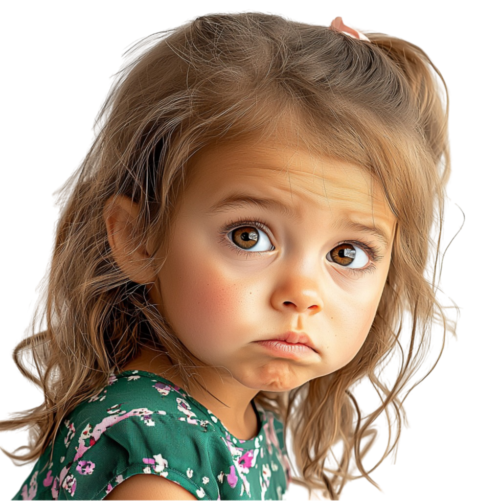 Little girl with sad eyes and curly brown hair expressing emotions png