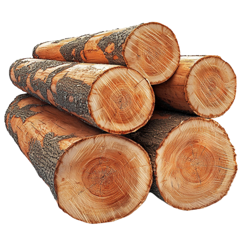 Neatly stacked logs of ly cut wood with visible tree bark png