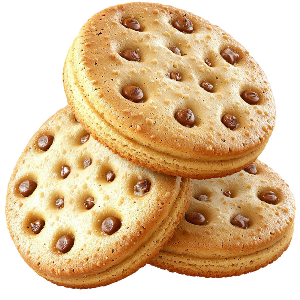 Crunchy sandwich biscuits with chocolate chips and a golden brown texture png