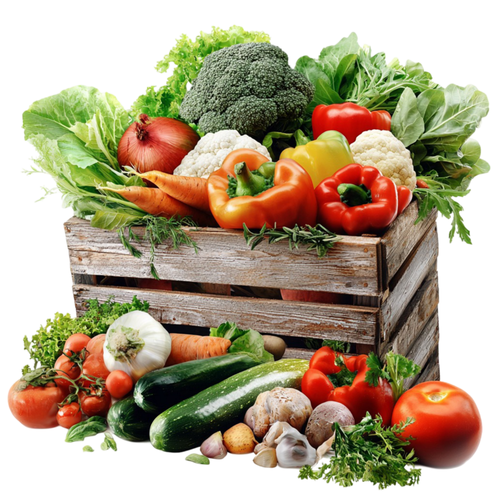 Wooden crate filled with green vegetables and ripe red tomatoes png