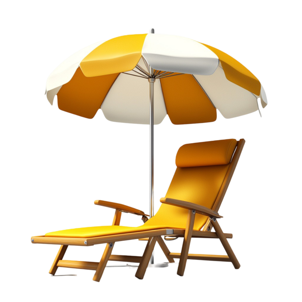 Cozy beach chair with a yellow and white umbrella for shade png