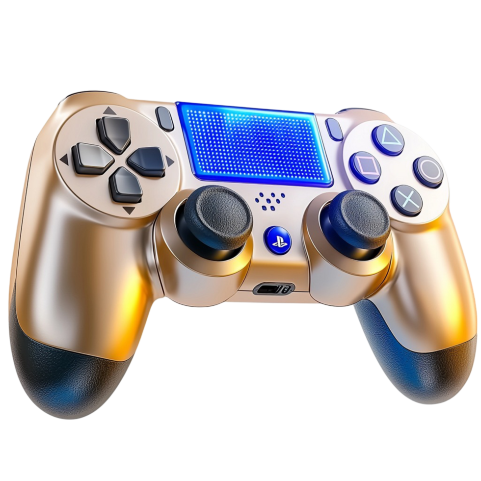 gold and blue gaming controller with an ergonomic design and glowing buttons png