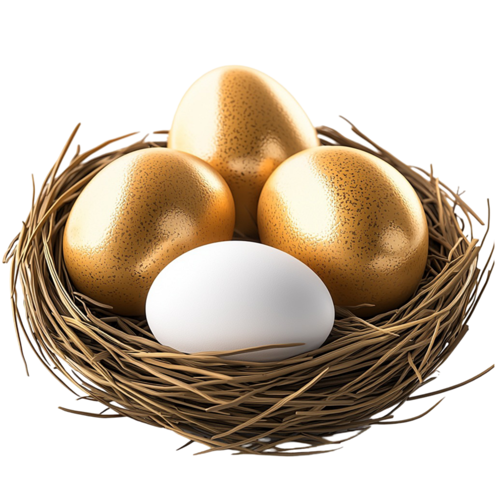 Bird nest with golden and white eggs resting on a bed of twigs png