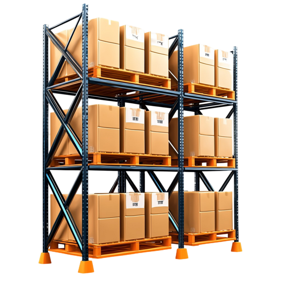 Industrial warehouse storage racks stacked with sealed cardboard boxes png