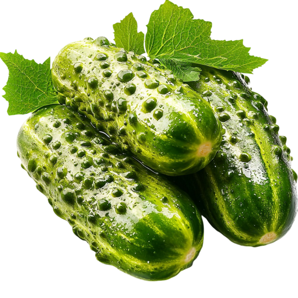 green cucumbers with a textured skin and leafy stems attached png