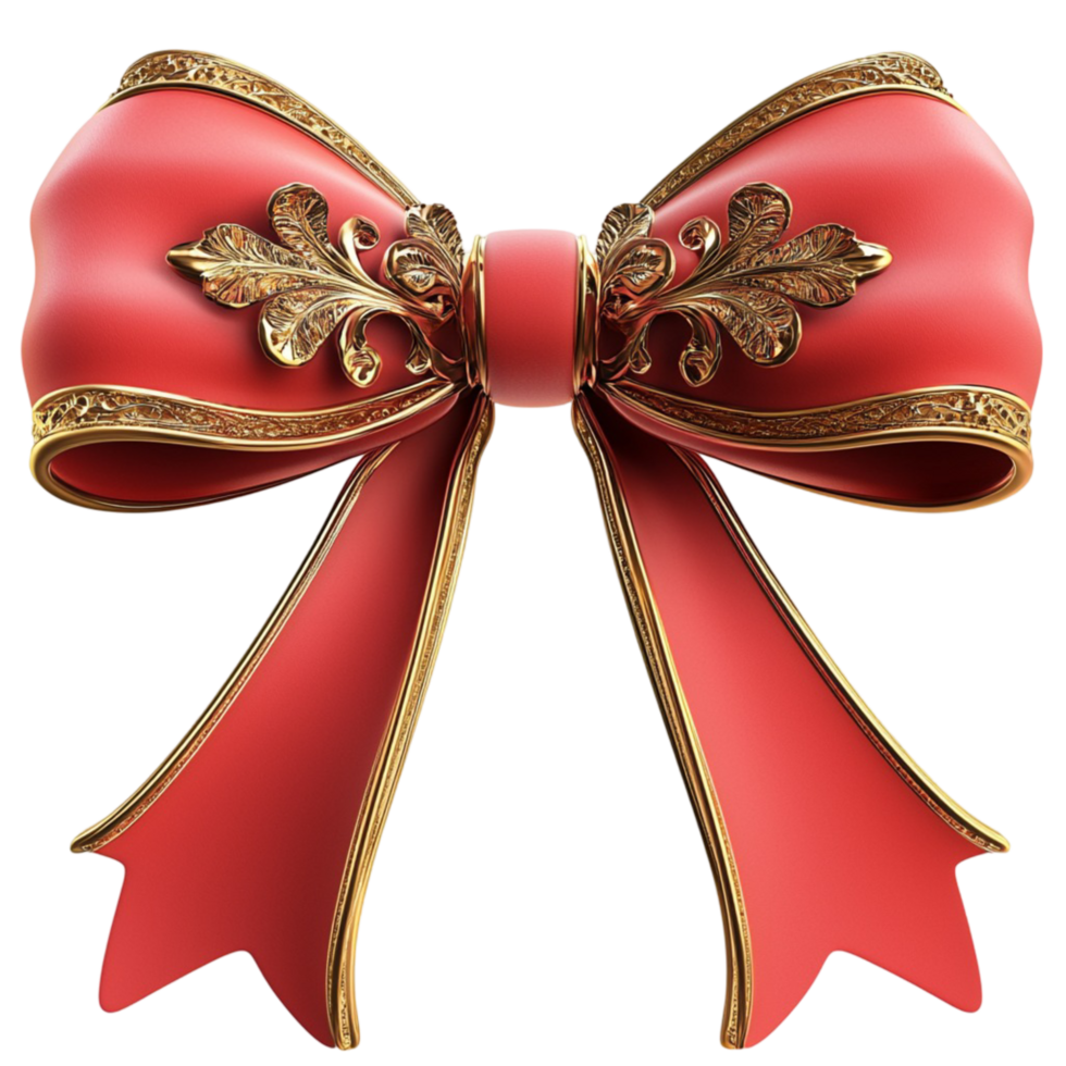 Luxurious red and gold bow with intricate ornamental details png