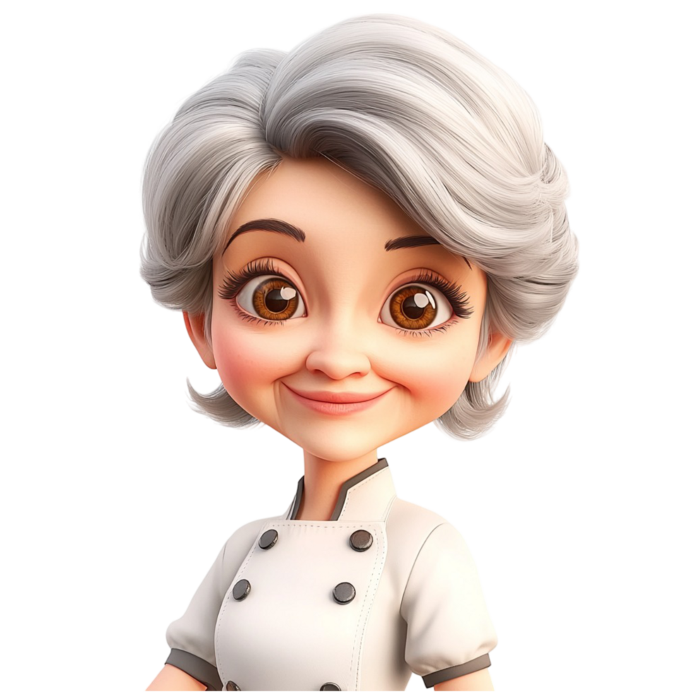 Elderly female chef with short silver hair and a warm smile png