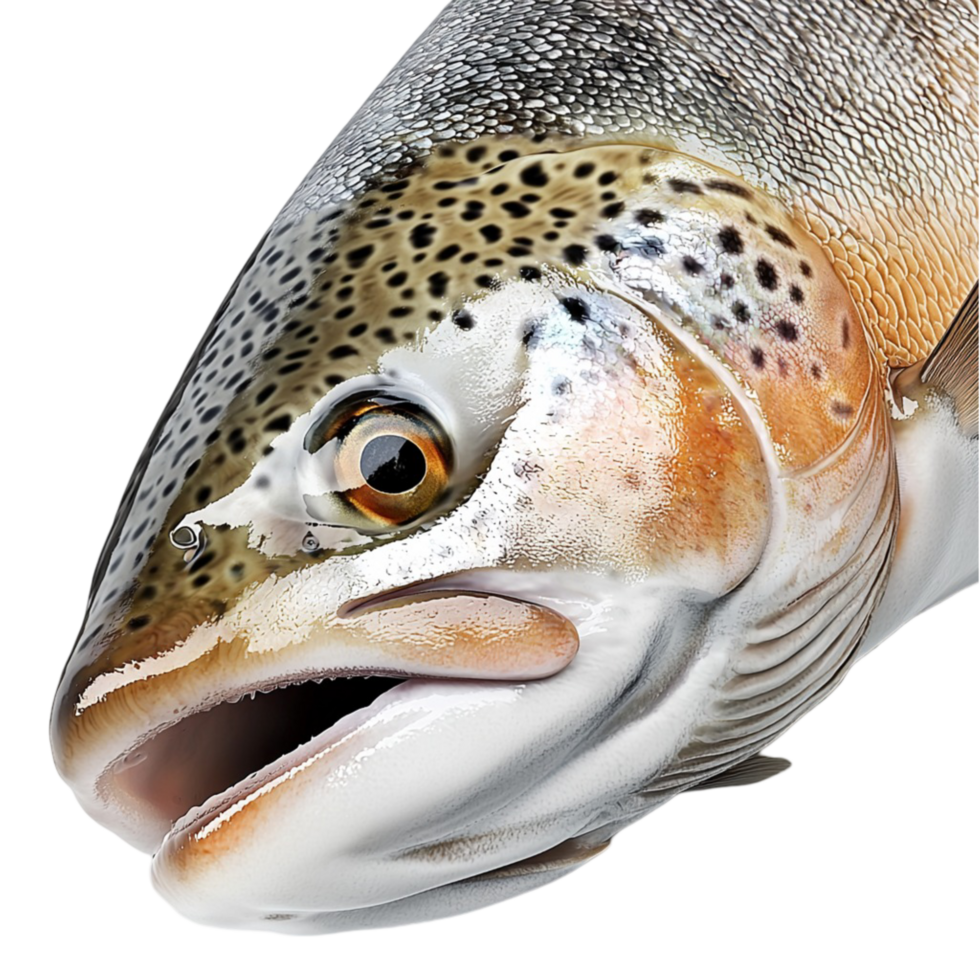 whole trout fish with silvery scales and an open mouth png