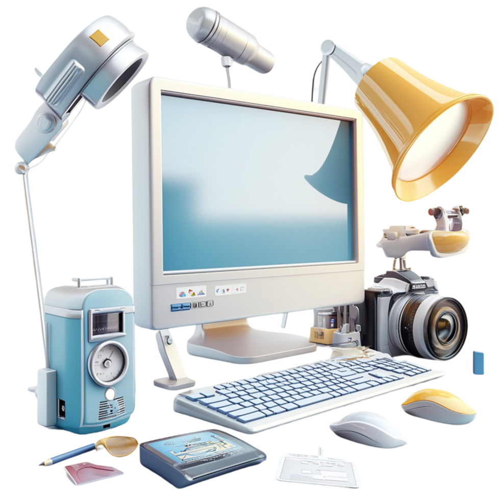 Professional desktop computer setup with multiple lights and graphy gear png