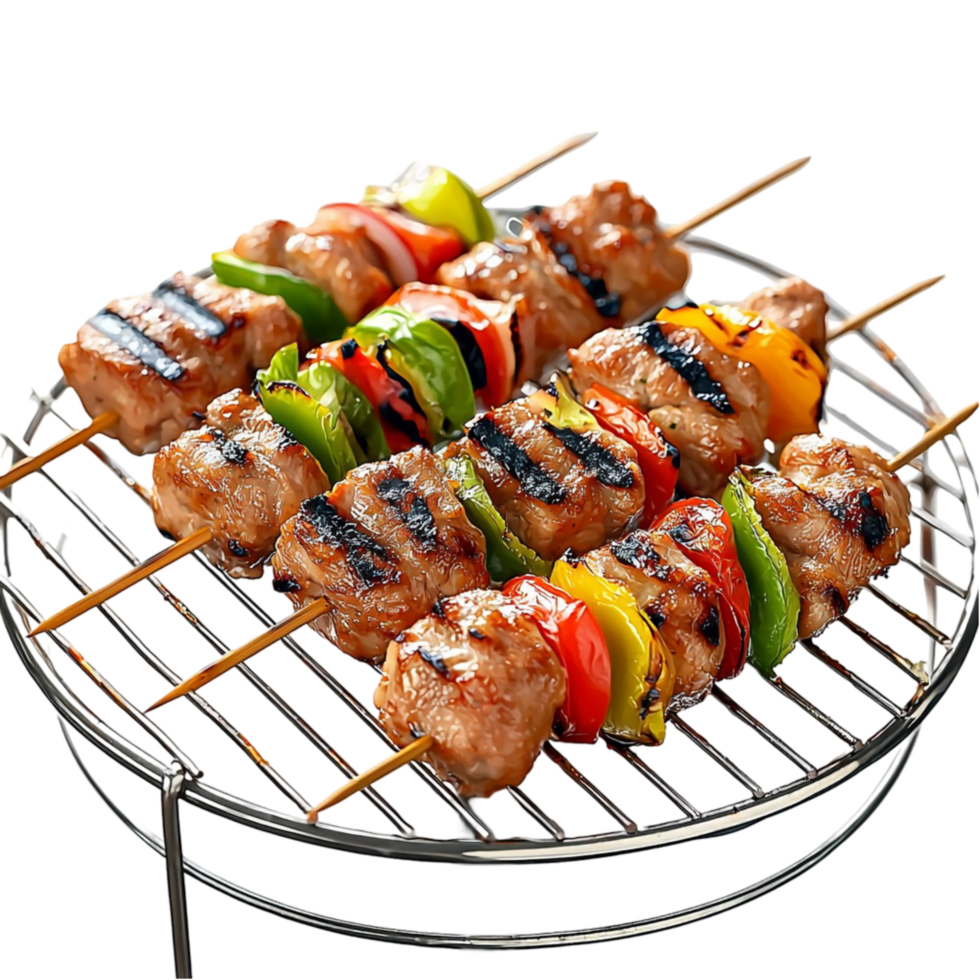 Juicy grilled meat and vegetable skewers on a barbecue grill png