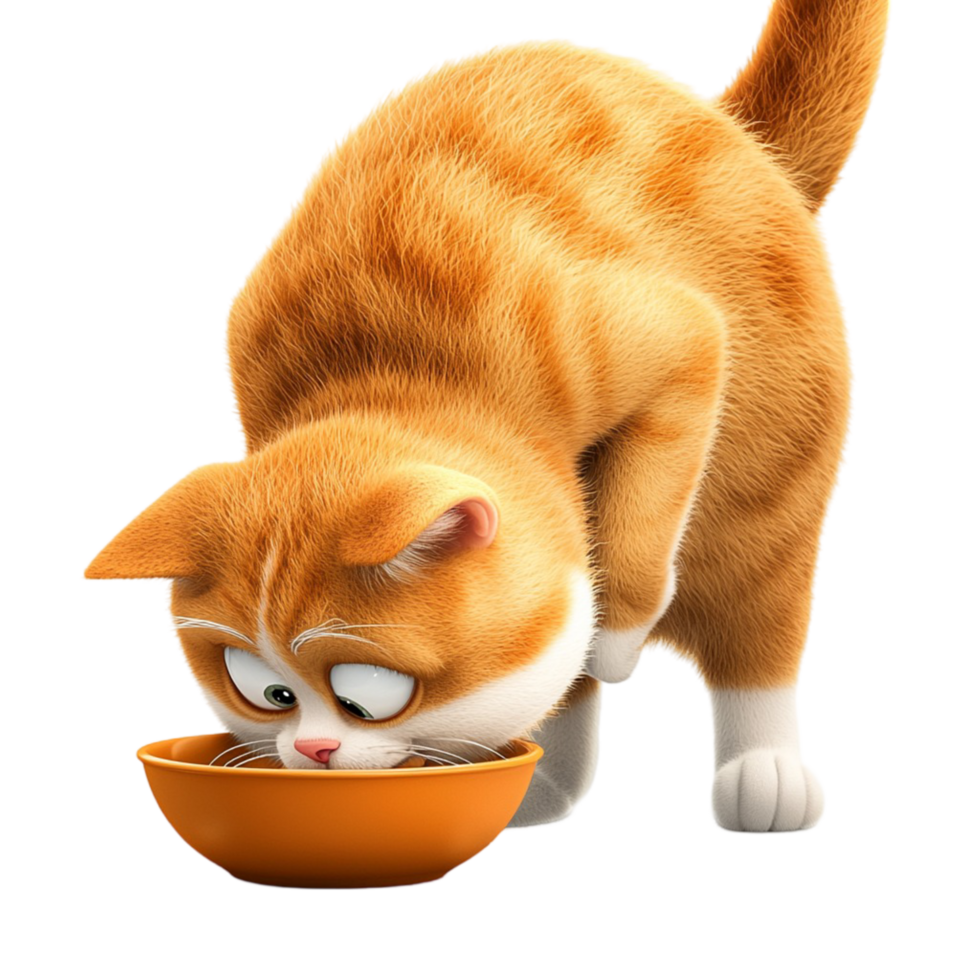 Curious orange cat bending down to drink from a bowl png