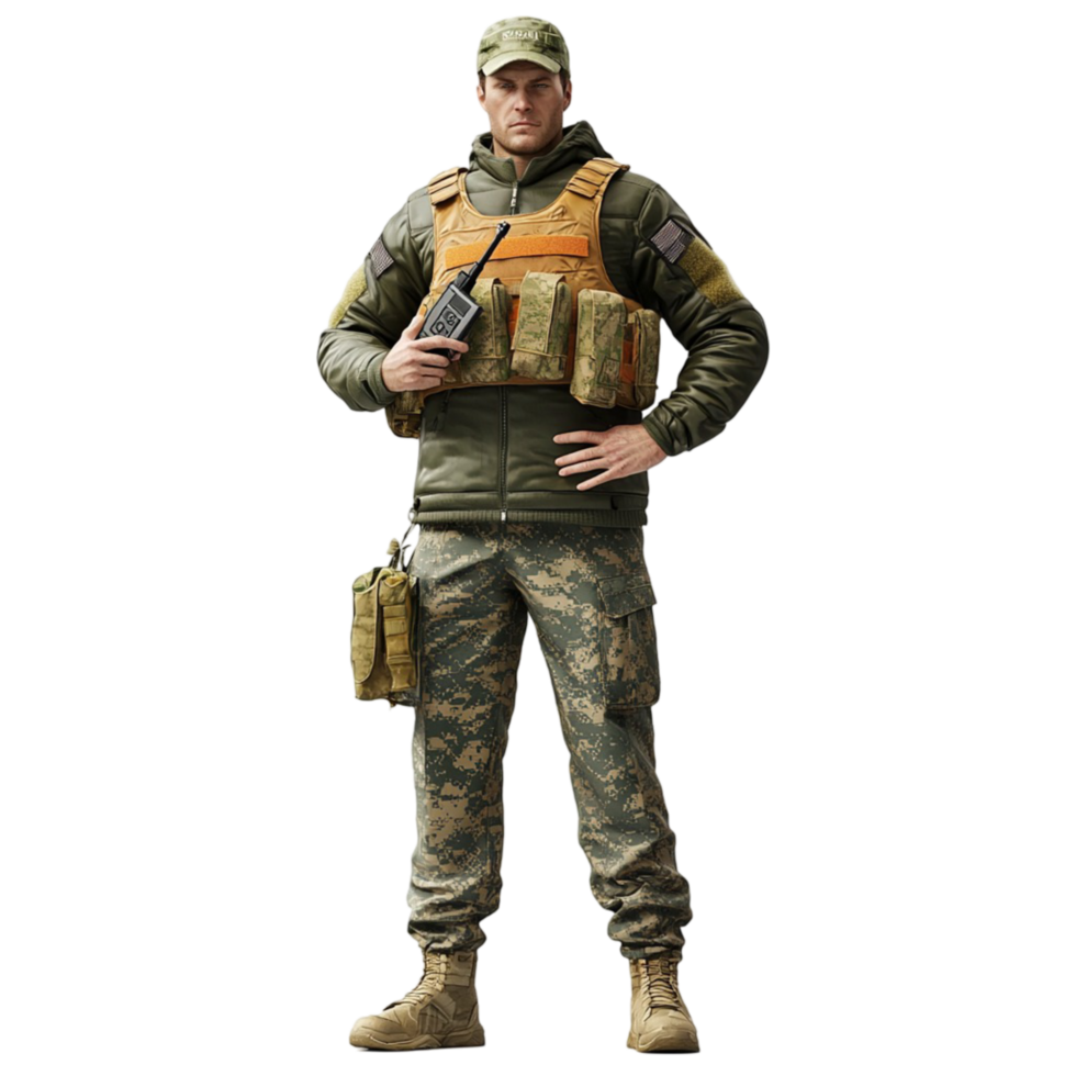 Soldier in camouflage uniform standing with tactical gear and a rifle png