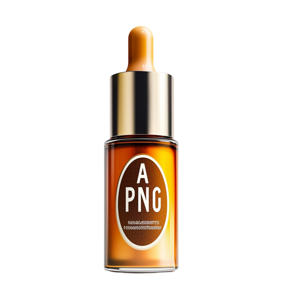 Glass dropper bottle filled with golden essential oil for skincare png